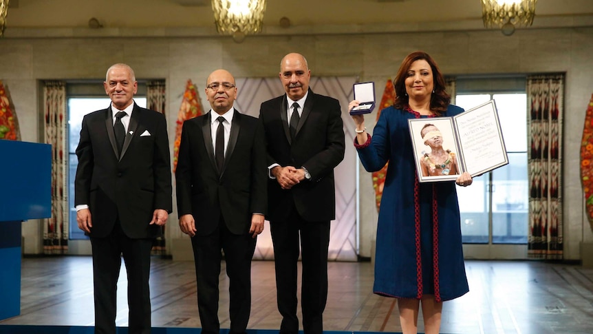 Tunisian National Dialogue Quartet members pose for a photograph.