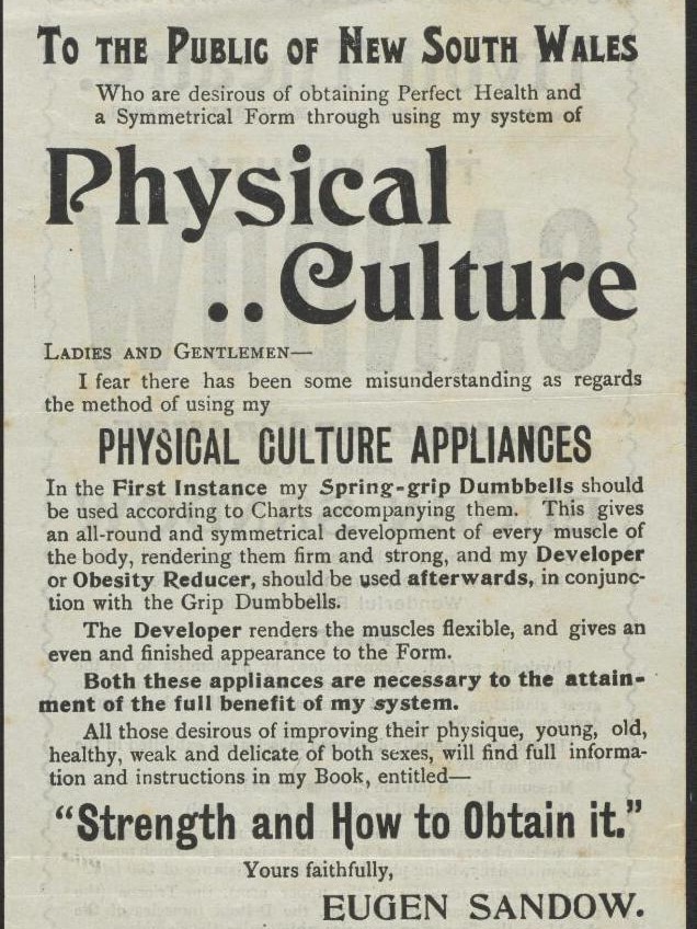 A newspaper advertisement placed by Eugen Sandow during his visit to Australia in 1902.