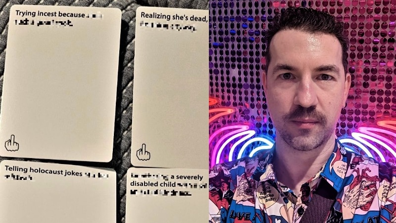 A composite image of blurred out cards and a man in a bright shirt