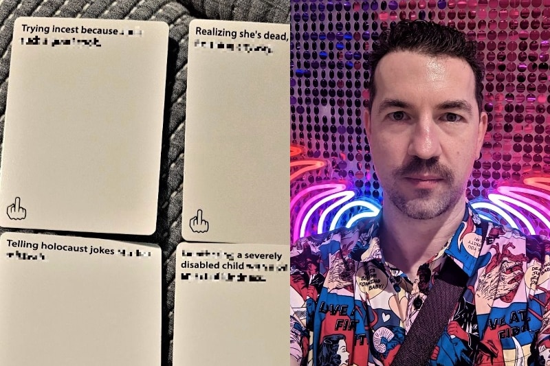 A composite image of blurred out cards and a man in a bright shirt