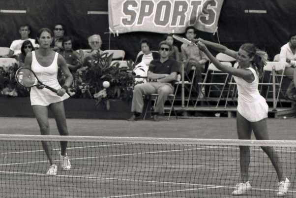 Renee Richards and Betty Ann Stuart playing in the US Open doubles final in 1977.