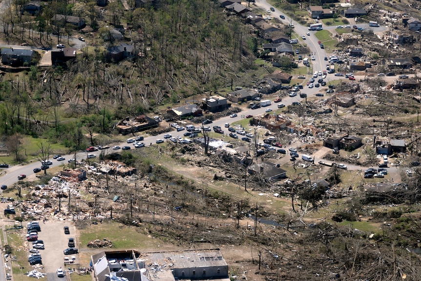 A view from above shows houses destroyed after severe storms.