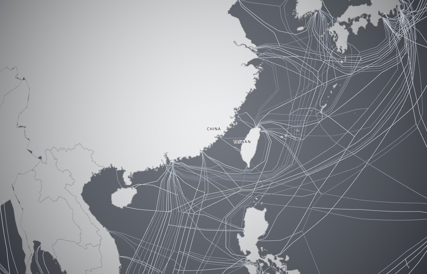 This map image shows myriad cables running between and around China and Taiwan.