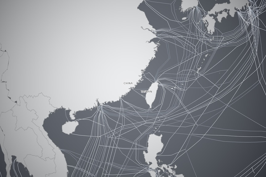 This map image shows myriad cables running between and around China and Taiwan.