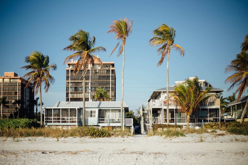 Beach houses and apartment buildings sit on the beach front.