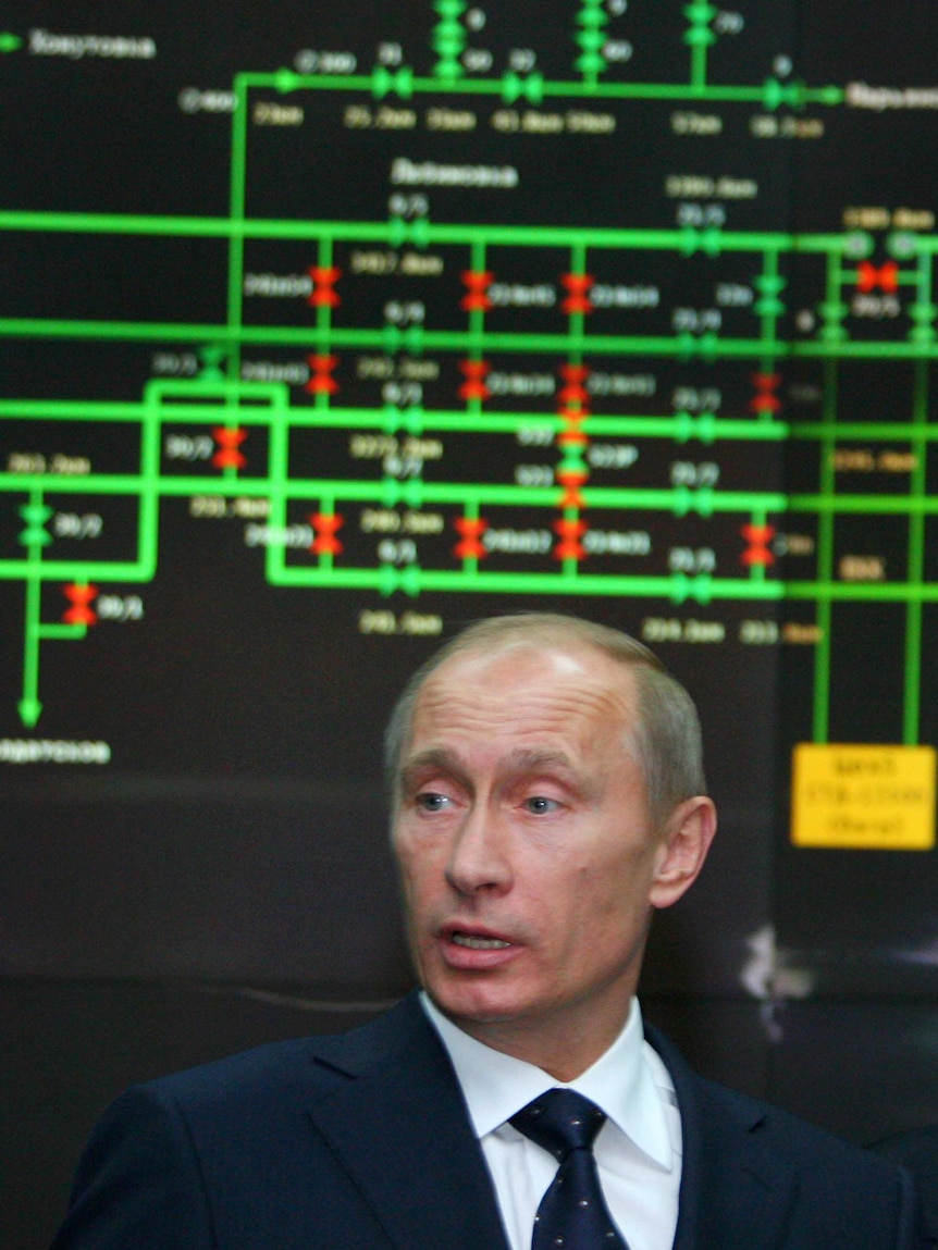 Russian prime minister Vladimir Putin at the Gazprom control room at headquarters in Moscow in 2009.