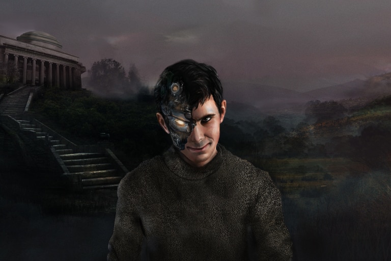 An illustrated image of Norman Bates with half his face as an android
