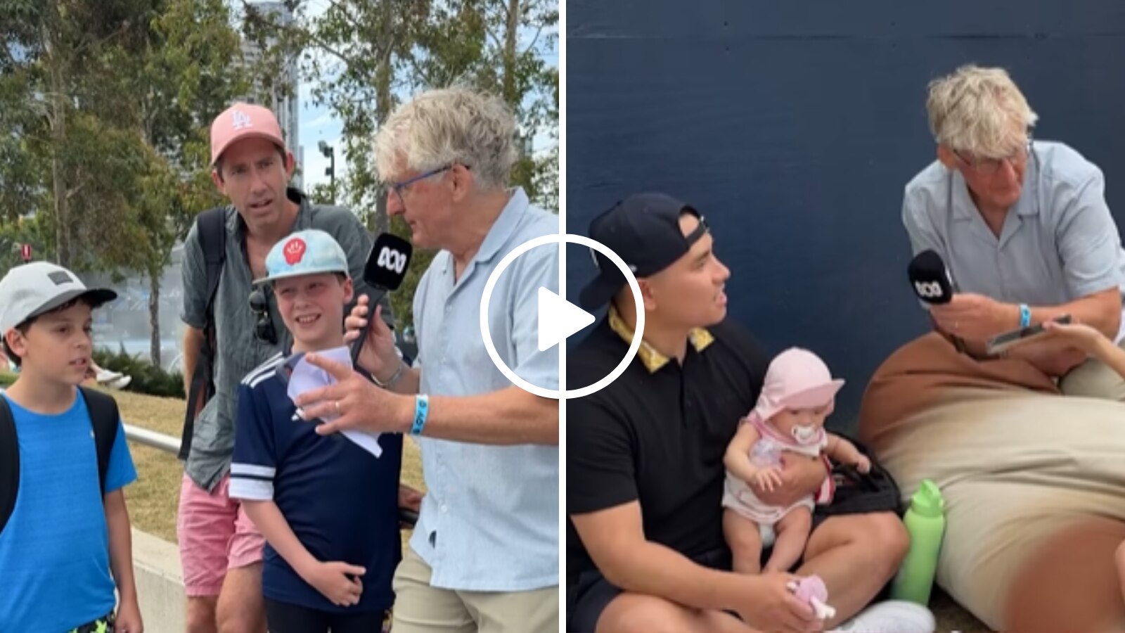 a man with microphone speaking to two men and two boys