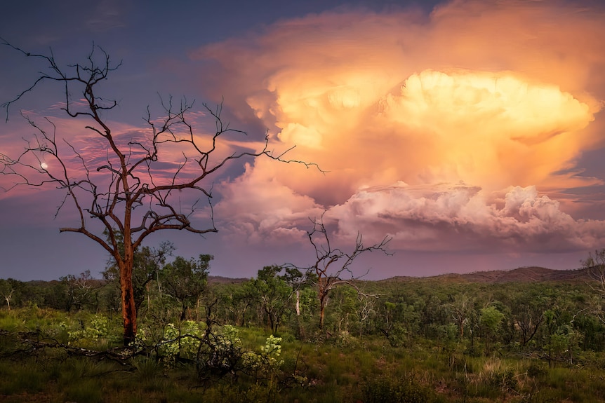 A landscape shot with a yellow cloud busting