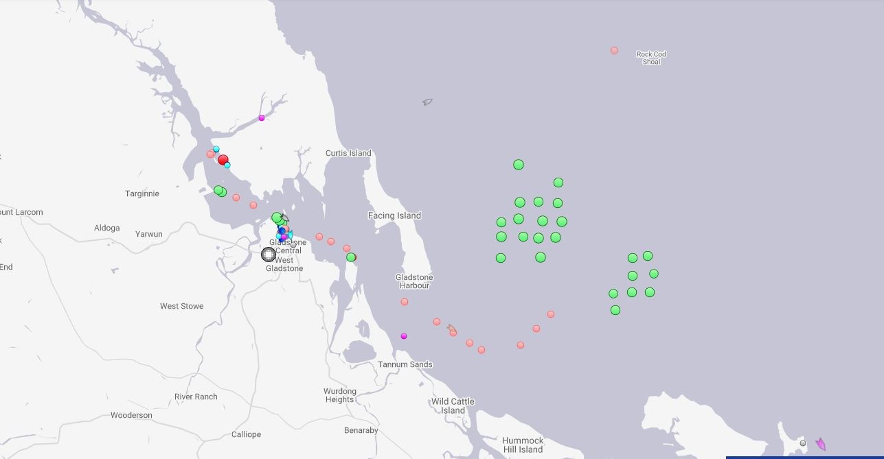 A greyscale map with green, red, blue and pink dots showing where ships are stationed around Gladstone.