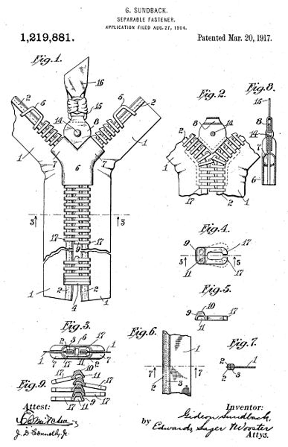 Black and white line drawing of a zipper design patented in 1917