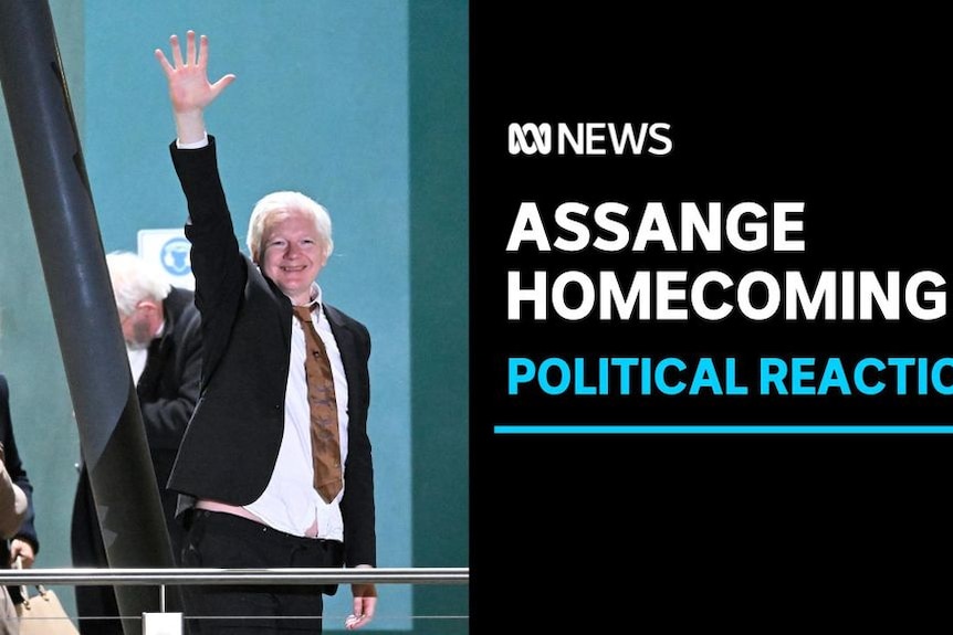 Assange Homecoming, Political Reaction: Julian Assange waves to supporters.