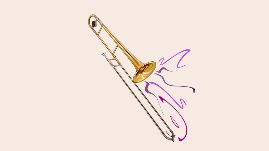 A brass trombone on a beige background, with purple streamers suggesting movement and energy. 