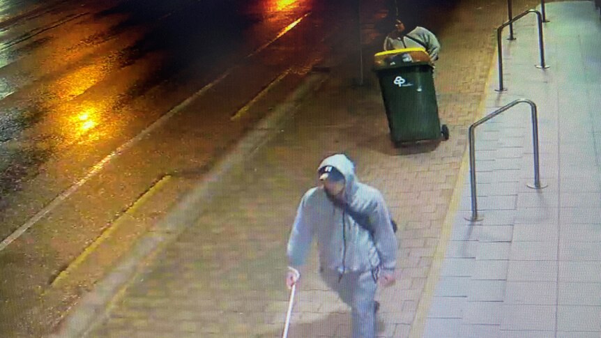 Two hooded people walking down the street, one pushing a wheelie bin