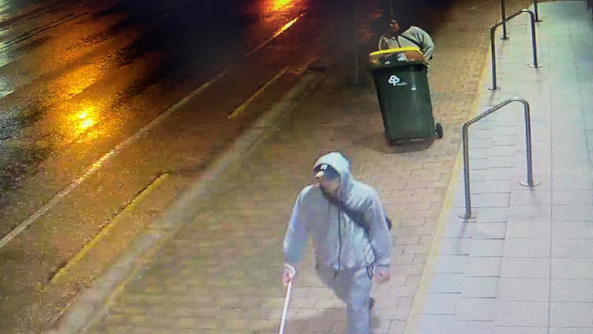 Two hooded people walking down the street, one pushing a wheelie bin