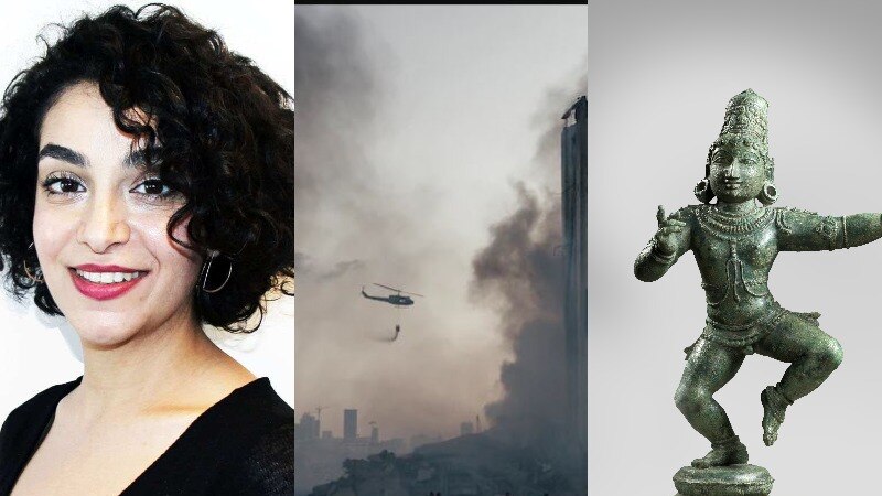 Three images side by side: A woman with dark curly hair, the site of the Beirut explosion and a 12th century bronze sculpture.