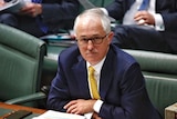 Prime Minister Malcolm Turnbull looks at the camera through his thick rimmed glasses in question time.