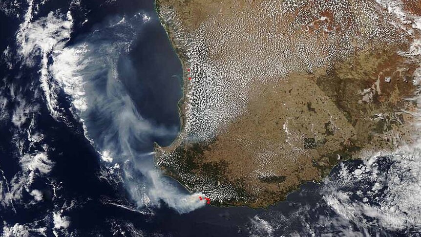Smoke from the Northcliffe fire is clearly visible on the satellite image.