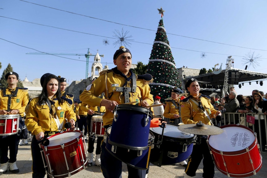 A Palestinian marching band playing music.