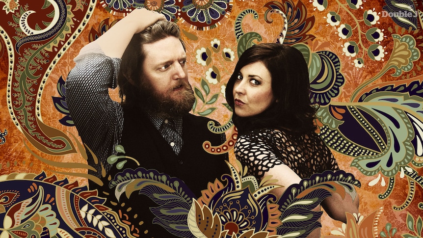 An illustration of songwriting duo Tristan Goodall and Taasha Coates from The Audreys against a paisley background