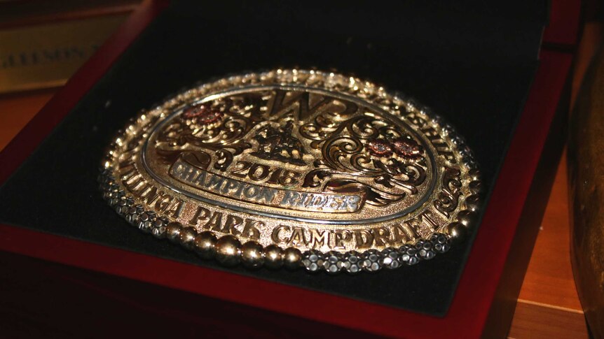 A golden belt buckle in a dark wooden box with the words 2018 champion rider, Willinga park campdraft.