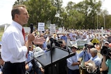 Opposition Leader Tony Abbott speaks to a rally of farmers outside Parliament House in Canberra