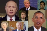 A montage of Donald Trump, Theresa May, Vladimir Putin, Barack Obama, Ronald Reagan, Malcolm Turnbull, and research subjects.