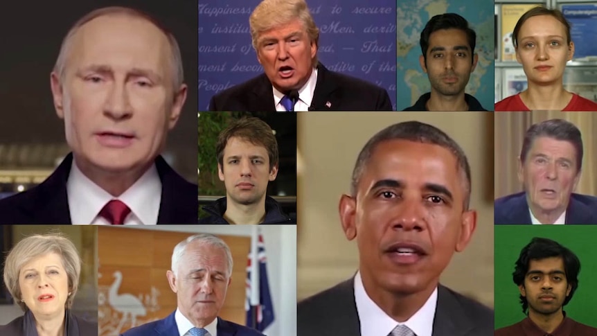 A montage of Donald Trump, Theresa May, Vladimir Putin, Barack Obama, Ronald Reagan, Malcolm Turnbull, and research subjects.