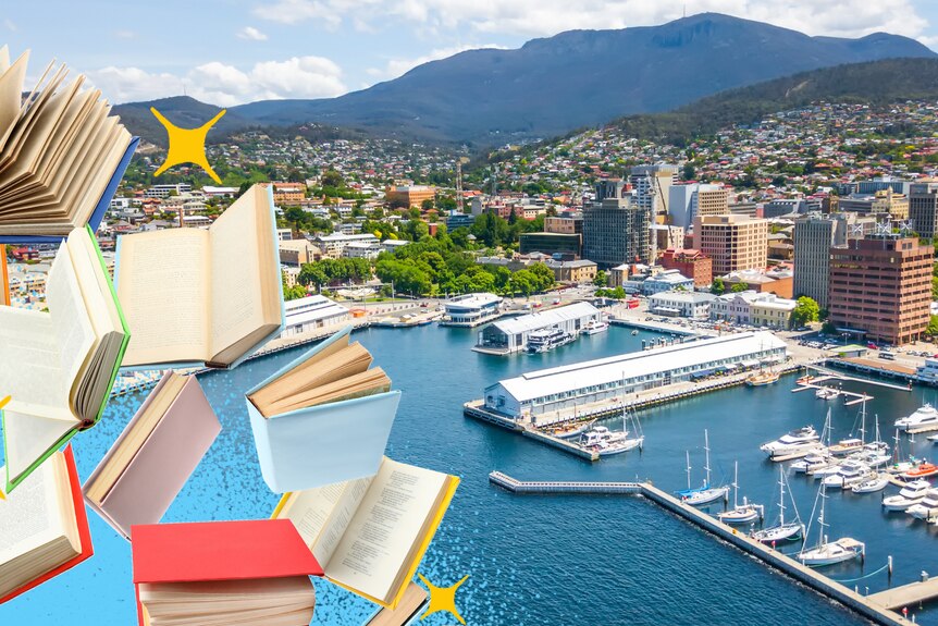Books fall down onto the City of Hobart.