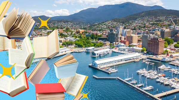 Books fall down onto the City of Hobart.