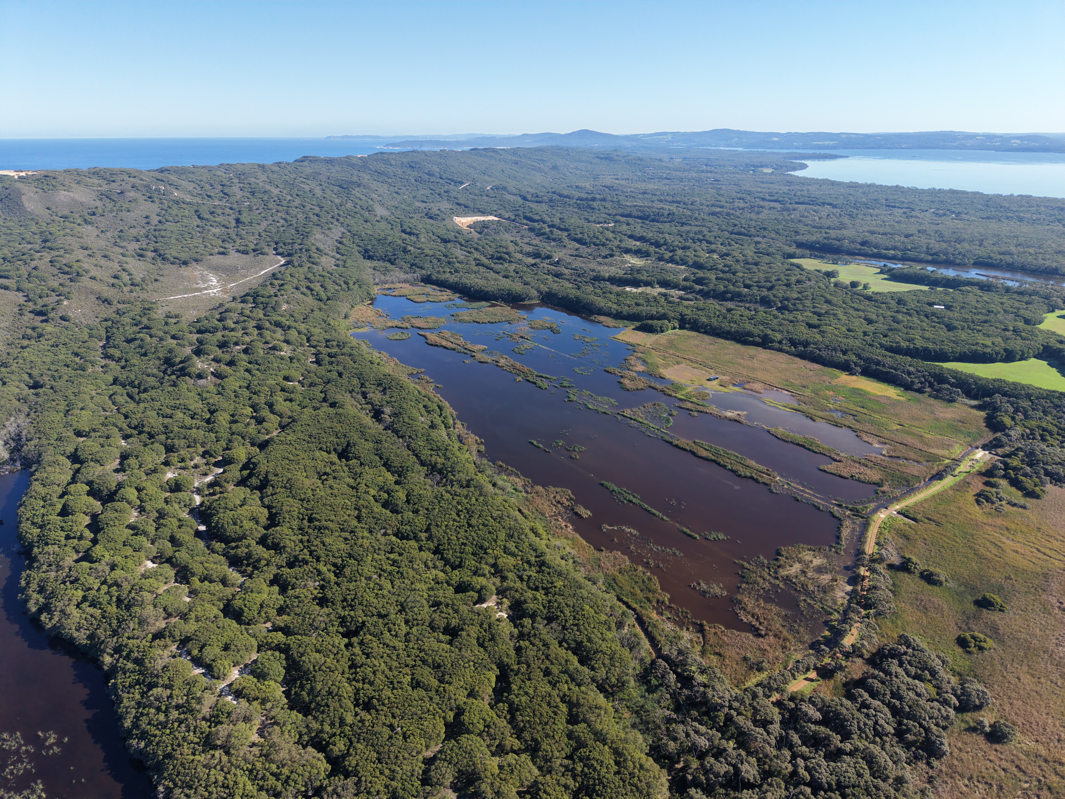 An aerial shot of a wetland area.