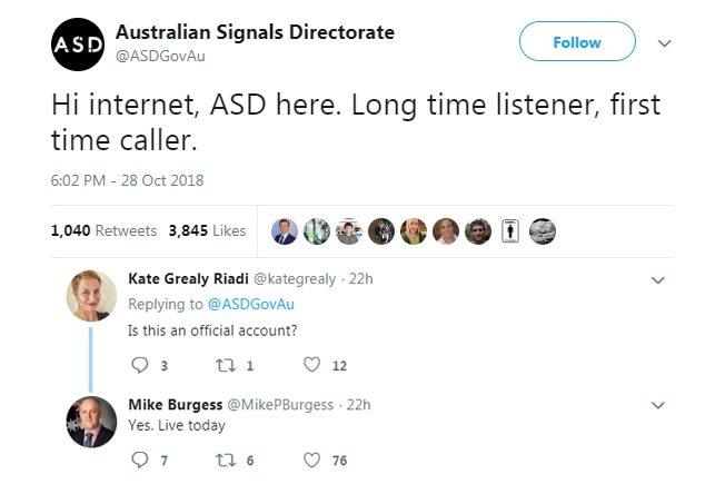 A tweet that was issued by an account claiming to belong to the Australian Signals Directorate.