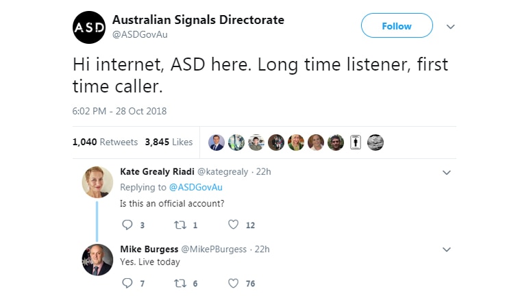 A tweet that was issued by an account claiming to belong to the Australian Signals Directorate.