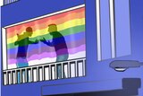 An illustration shows a same-sex couple fighting in the window of an apartment.