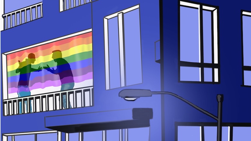 An illustration shows a same-sex couple fighting in the window of an apartment.