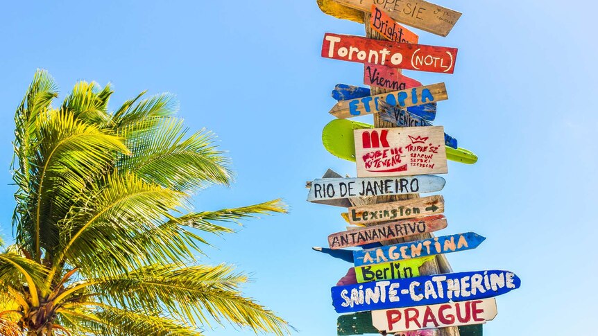 Beachside signpost with multiple signs to cities and countries around the world.