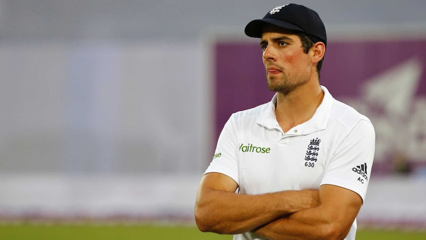 Alastair Cook looks sad with his arms folded.