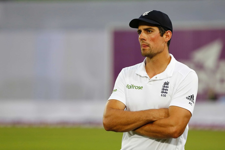 Alastair Cook looks sad with his arms folded.