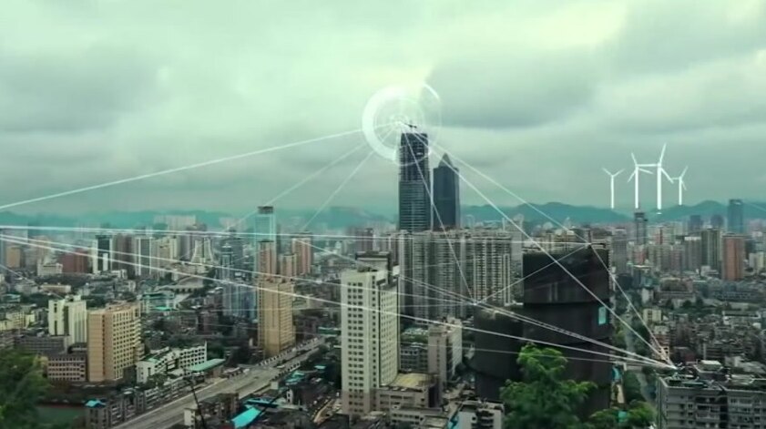 Lines are overlayed on a cityscape in China.