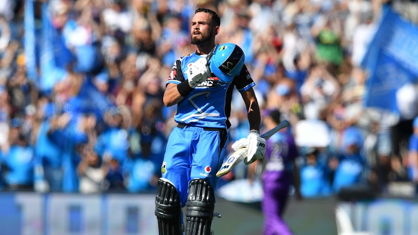 Jake Weatherald celebrates a century for Adelaide Strikers in Big Bash final