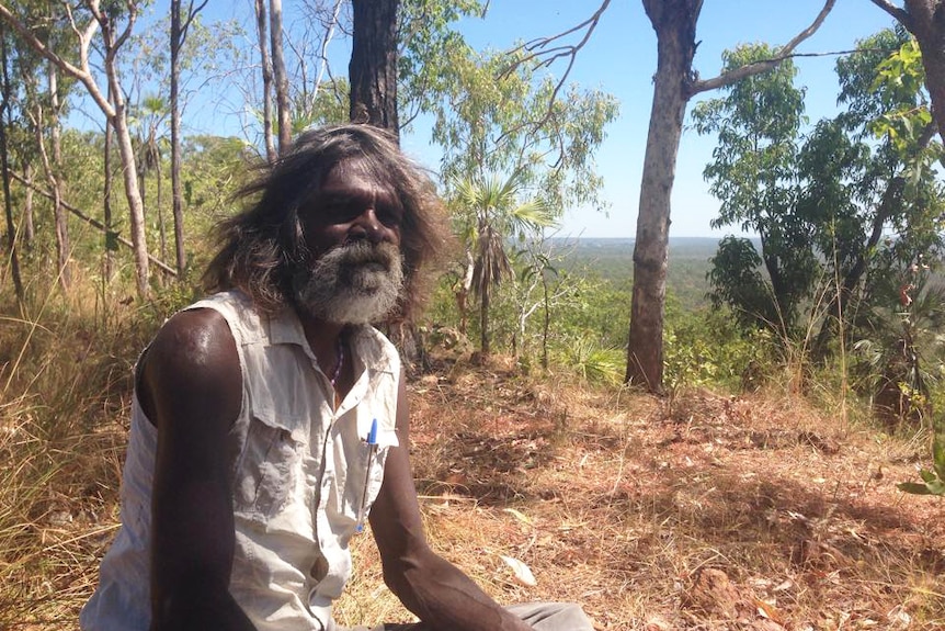 An Indigenous elder with a grey beard sits on a hill in the bush.