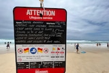 Dangerous conditions report at Surfers Paradise with beach and dark skies behind it