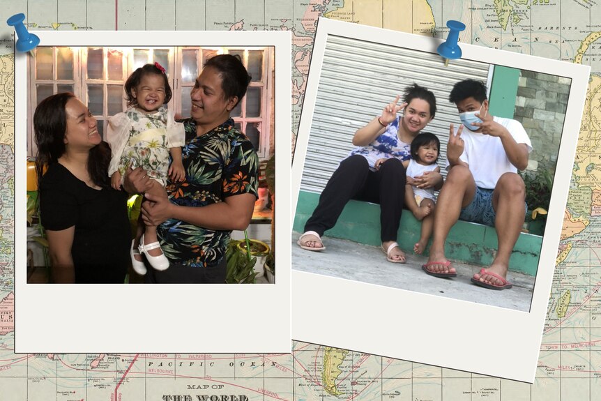 Two polaroid's showing a family of three on a background of an old map.