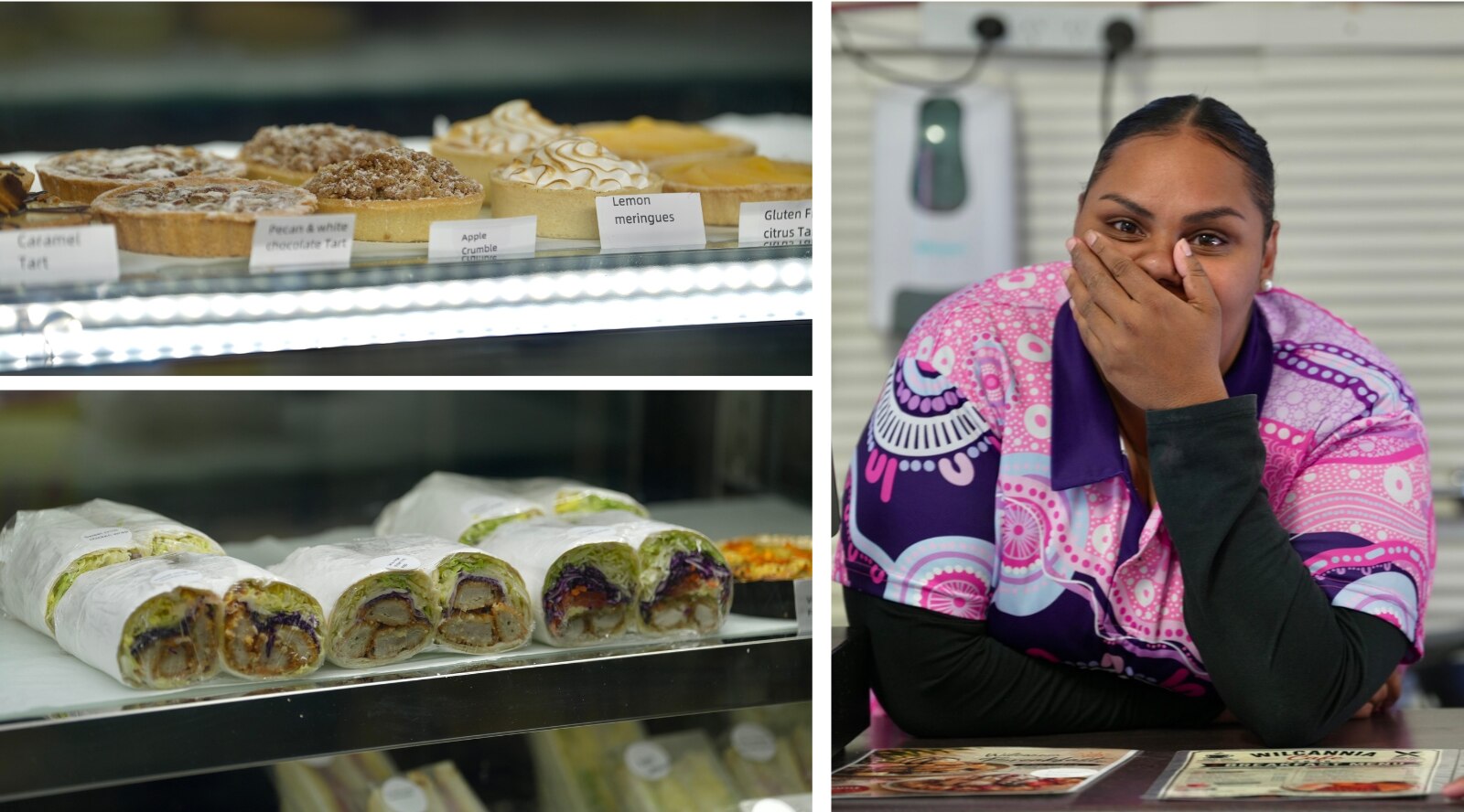 Three images showing a laughing Indigneous girl, wraps and tarts in a cafe.n