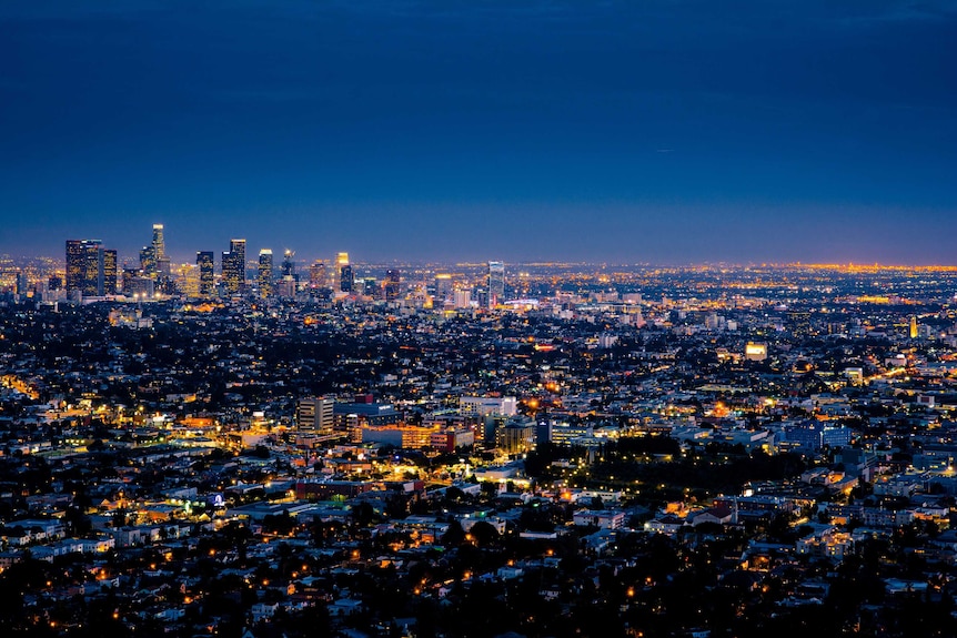 An aerial view of Los Angeles at night