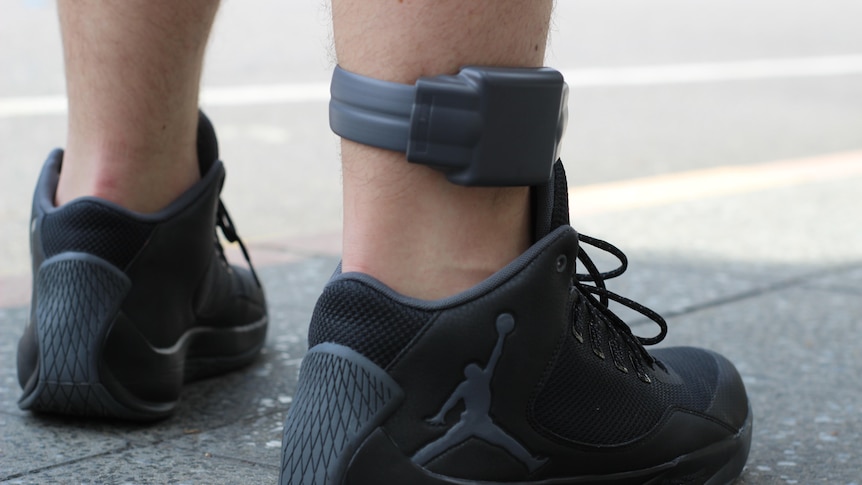 GPS tracker on an ankle with person wearing a black shoe.