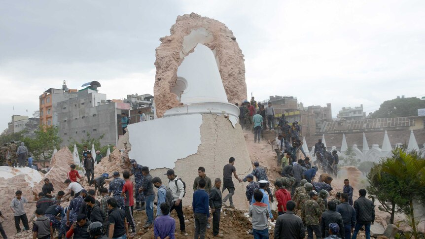 A nine-storey tower in ruins after a powerful earthquake in Nepal.