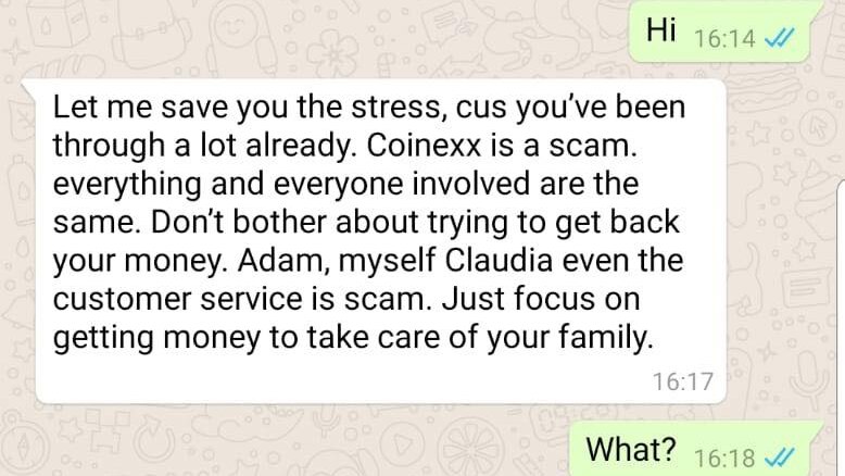 A message in which the scammer admits Coinexx is a scam.