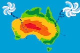Hand drawn picture of Australia with cyclones approaching the coast from either side. Awesome hand drawn pics used throughout :)