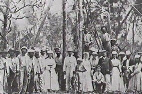 Planting the first telegraph pole, September 1870 (Northern Territory Library)